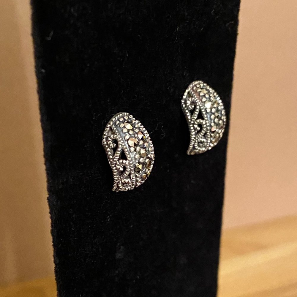 Marcasite and Sterling Silver Crescent Post Earrings 1/2"